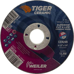 Weiler - 24 Grit, 4-1/2" Wheel Diam, 7/8" Arbor Hole, Type 27 Depressed Center Wheel - Medium Grade, Ceramic, R Hardness, 13,300 Max RPM - Eagle Tool & Supply