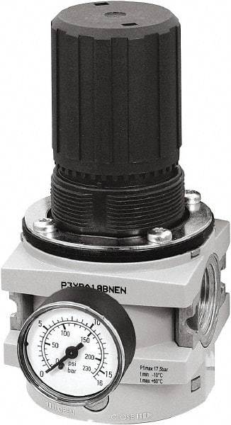 Parker - 3/4 NPT Port, 380 CFM, Aluminum Hi-Flow Regulator - 0 to 174 psi Range, 254 Max psi Supply Pressure, 1/4" Gauge Port Thread, 3-1/2" Wide x 7.2" High - Eagle Tool & Supply