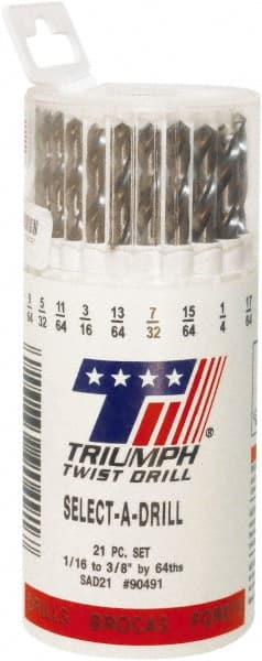 Triumph Twist Drill - 1/16 to 3/8", 135° Point, Bright Finish, High Speed Steel Jobber Length Drill Bit Set - Eagle Tool & Supply