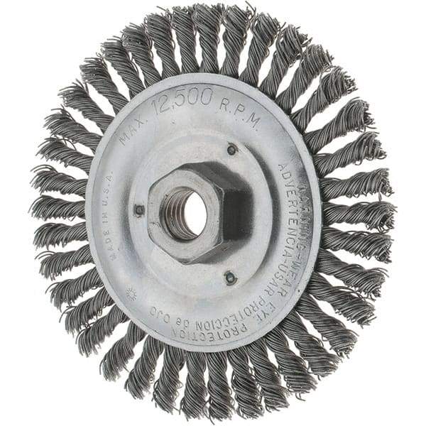 Tru-Maxx - 5" OD, 5/8-11 Arbor Hole, Stringer Bead Steel Wheel Brush - 3/16" Face Width, 7/8" Trim Length, 0.02" Filament Diam, 12,500 RPM - Eagle Tool & Supply