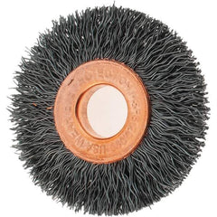 Tru-Maxx - 1-1/2" OD, 3/8" Arbor Hole, Crimped Steel Wheel Brush - 1/4" Face Width, 7/16" Trim Length, 0.0104" Filament Diam, 20,000 RPM - Eagle Tool & Supply