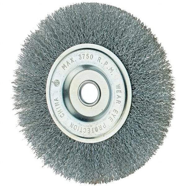 Tru-Maxx - 6" OD, 1/2" Arbor Hole, Crimped Steel Wheel Brush - 3/4" Face Width, 1-1/4" Trim Length, 0.014" Filament Diam, 6,000 RPM - Eagle Tool & Supply