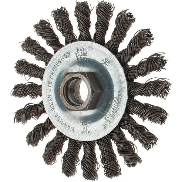 Tru-Maxx - 4" OD, 5/8-11 Arbor Hole, Knotted Steel Wheel Brush - 1/4" Face Width, 7/8" Trim Length, 0.02" Filament Diam, 20,000 RPM - Eagle Tool & Supply
