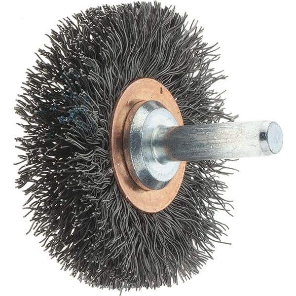 Tru-Maxx - 2" OD, 1/4" Shank Diam, Crimped Steel Wheel Brush - 3/8" Face Width, 1/2" Trim Length, 0.0118" Filament Diam, 20,000 RPM - Eagle Tool & Supply