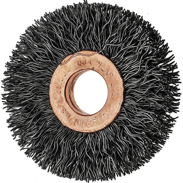 Tru-Maxx - 2" OD, 1/2" Arbor Hole, Crimped Steel Wheel Brush - 3/8" Face Width, 1/2" Trim Length, 0.014" Filament Diam, 20,000 RPM - Eagle Tool & Supply