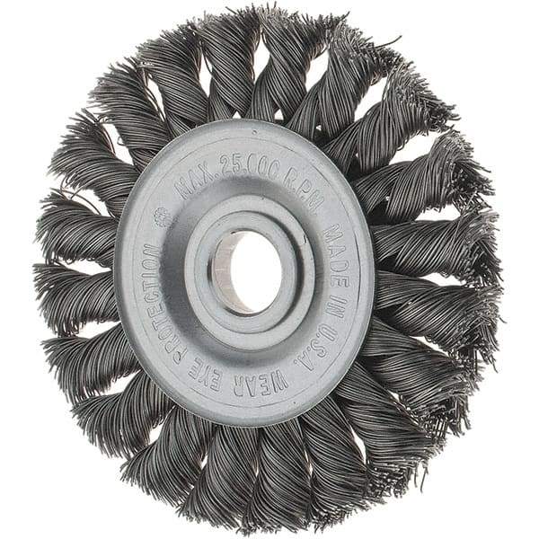 Tru-Maxx - 3" OD, 1/2" Arbor Hole, Knotted Steel Wheel Brush - 3/8" Face Width, 3/8" Trim Length, 0.0118" Filament Diam, 25,000 RPM - Eagle Tool & Supply