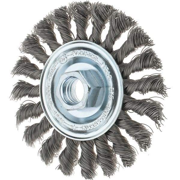 Tru-Maxx - 4" OD, 5/8-11 Arbor Hole, Knotted Steel Wheel Brush - 1/2" Face Width, 7/8" Trim Length, 0.014" Filament Diam, 20,000 RPM - Eagle Tool & Supply