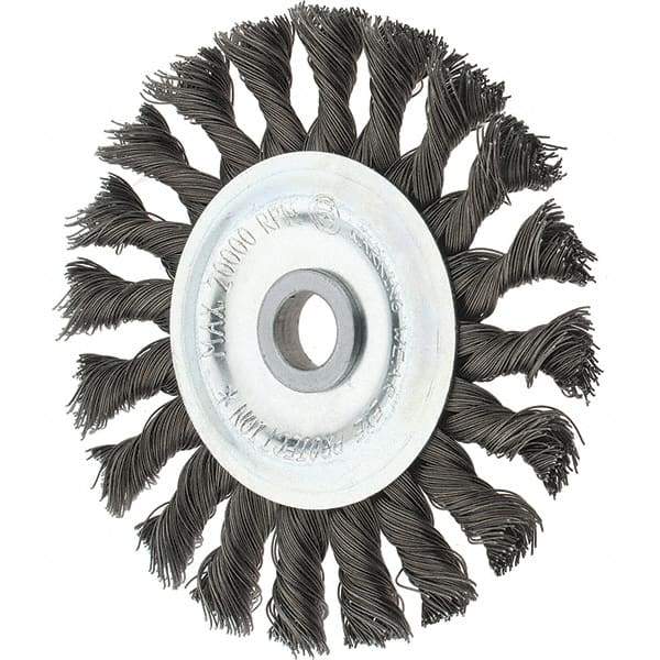 Tru-Maxx - 4" OD, 1/2" Arbor Hole, Knotted Steel Wheel Brush - 5/8" Face Width, 7/8" Trim Length, 0.014" Filament Diam, 20,000 RPM - Eagle Tool & Supply