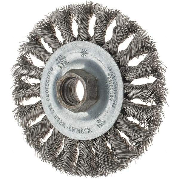 Tru-Maxx - 4" OD, 5/8-11 Arbor Hole, Knotted Stainless Steel Wheel Brush - 1/2" Face Width, 7/8" Trim Length, 0.014" Filament Diam, 20,000 RPM - Eagle Tool & Supply