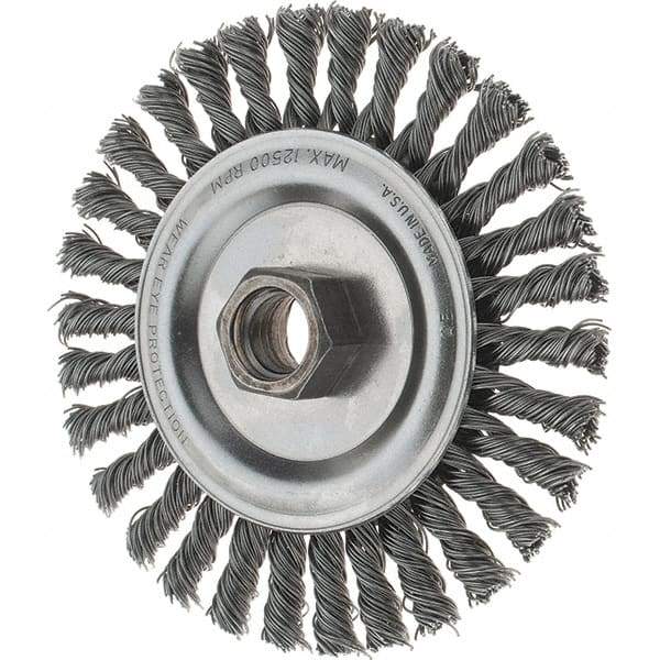 Tru-Maxx - 4-1/2" OD, 5/8-11 Arbor Hole, Stringer Bead Steel Wheel Brush - 3/16" Face Width, 13/16" Trim Length, 0.02" Filament Diam, 12,500 RPM - Eagle Tool & Supply