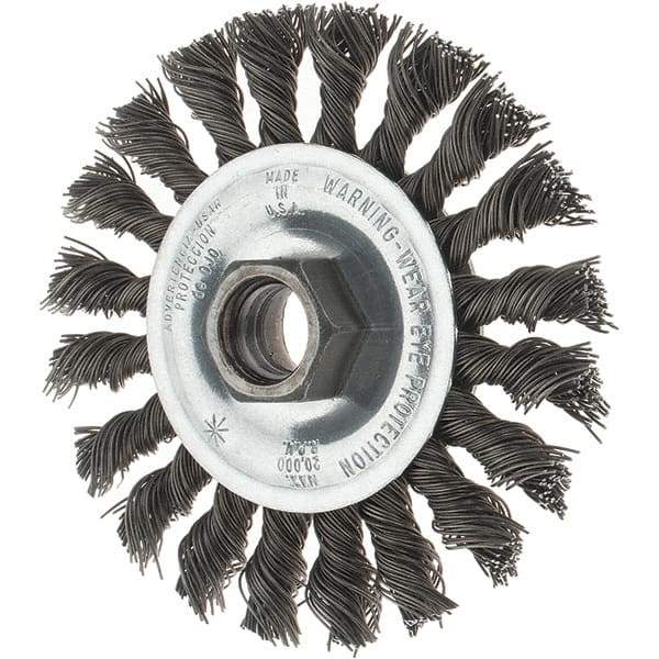 Tru-Maxx - 4" OD, 5/8-11 Arbor Hole, Knotted Steel Wheel Brush - 1/2" Face Width, 7/8" Trim Length, 0.02" Filament Diam, 20,000 RPM - Eagle Tool & Supply