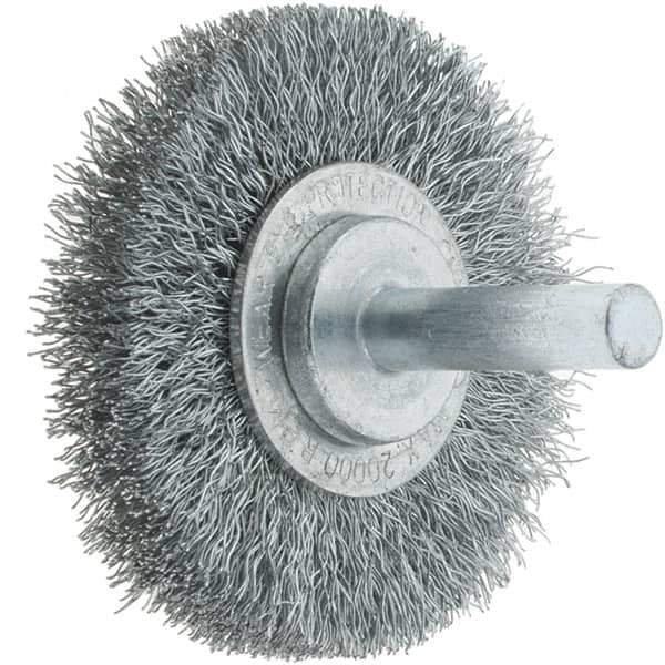 Tru-Maxx - 2" OD, 1/4" Shank Diam, Crimped Steel Wheel Brush - 3/8" Face Width, 7/16" Trim Length, 0.008" Filament Diam, 20,000 RPM - Eagle Tool & Supply