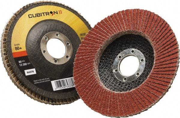 3M - 80 Grit, 4-1/2" Disc Diam, 7/8" Center Hole, Type 27 Ceramic Flap Disc - 13,300 Max RPM, Polyester Backing, Arbor Attaching System, Coated - Eagle Tool & Supply