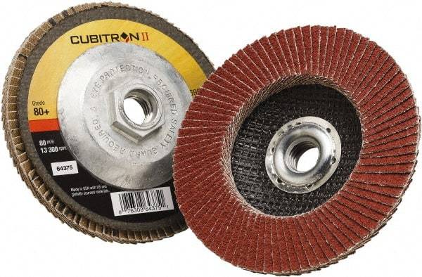 3M - 80 Grit, 4-1/2" Disc Diam, 5/8-11 Center Hole, Type 27 Ceramic Flap Disc - 13,300 Max RPM, Polyester Backing, Arbor Attaching System, Coated - Eagle Tool & Supply