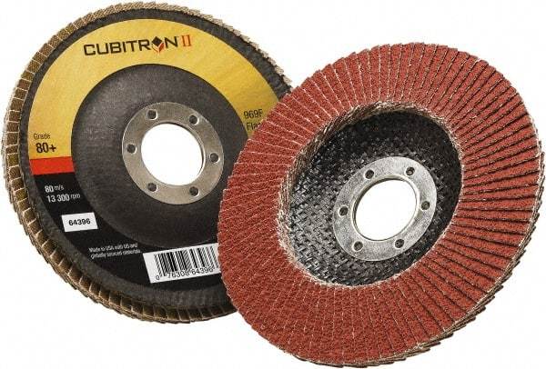 3M - 80 Grit, 5" Disc Diam, 7/8" Center Hole, Type 29 Ceramic Flap Disc - 12,100 Max RPM, Polyester Backing, Arbor Attaching System, Coated - Eagle Tool & Supply