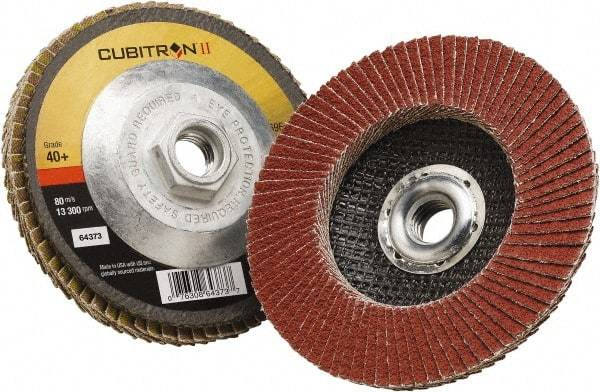 3M - 40 Grit, 4-1/2" Disc Diam, 5/8-11 Center Hole, Type 27 Ceramic Flap Disc - 13,300 Max RPM, Polyester Backing, Arbor Attaching System, Coated - Eagle Tool & Supply