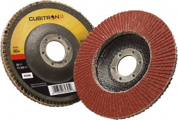 3M - 60 Grit, 5" Disc Diam, 7/8" Center Hole, Type 29 Ceramic Flap Disc - 12,100 Max RPM, Polyester Backing, Arbor Attaching System, Coated - Eagle Tool & Supply