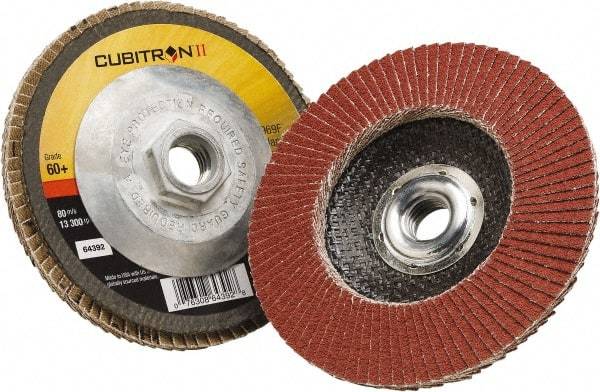 3M - 60 Grit, 5" Disc Diam, 5/8-11 Center Hole, Type 29 Ceramic Flap Disc - 12,100 Max RPM, Polyester Backing, Arbor Attaching System, Coated - Eagle Tool & Supply