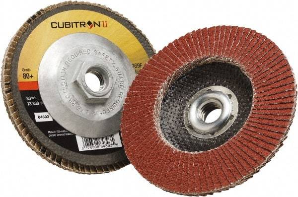 3M - 80 Grit, 4" Disc Diam, 5/8" Center Hole, Type 29 Ceramic Flap Disc - 15,000 Max RPM, Polyester Backing, Arbor Attaching System, Coated - Eagle Tool & Supply