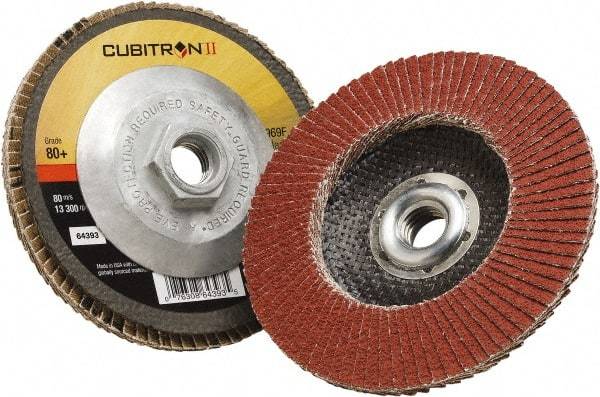 3M - 80 Grit, 4-1/2" Disc Diam, 5/8-11 Center Hole, Type 29 Ceramic Flap Disc - 13,300 Max RPM, Polyester Backing, Arbor Attaching System, Coated - Eagle Tool & Supply
