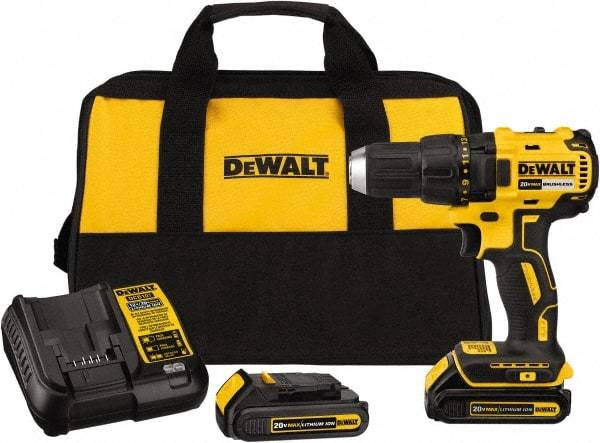 DeWALT - 20 Volt 1/2" Chuck Mid-Handle Cordless Drill - 0-1600 RPM, Reversible, 2 Lithium-Ion Batteries Included - Eagle Tool & Supply