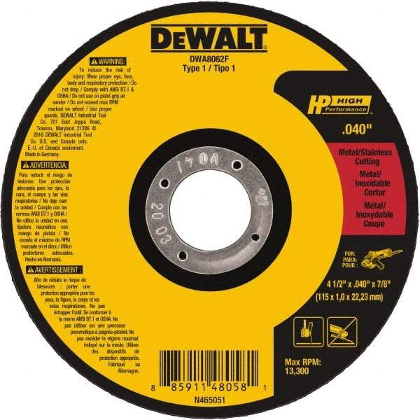 DeWALT - 4-1/2" Aluminum Oxide Cutoff Wheel - 1/16" Thick, 7/8" Arbor, 13,300 Max RPM, Use with Angle Grinders - Eagle Tool & Supply