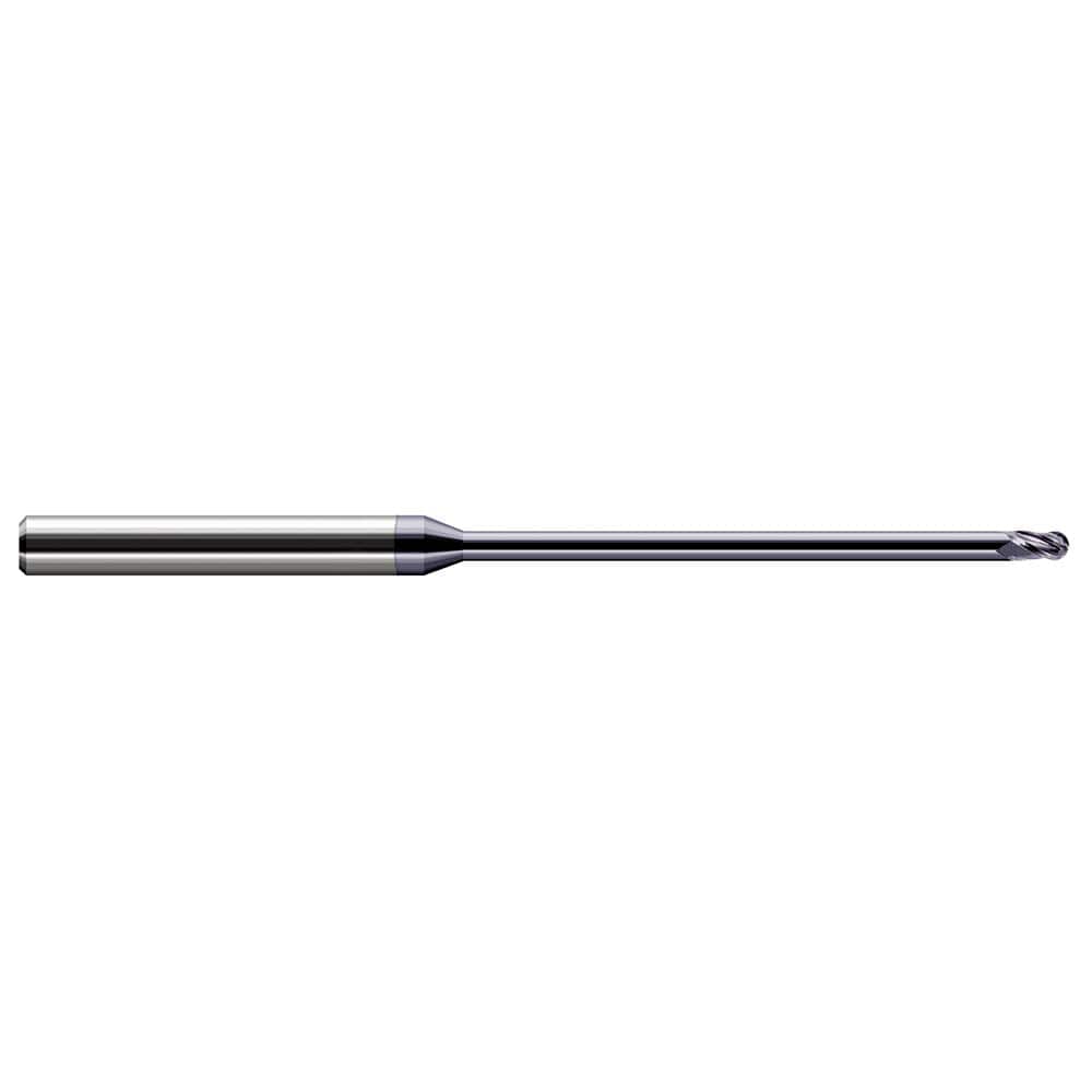 Ball End Mill: 0.02″ Dia, 0.03″ LOC, 3 Flute, Solid Carbide 2-1/2″ OAL, 1/8″ Shank Dia, 30 ° Helix, AlTiN Coated, Single End
