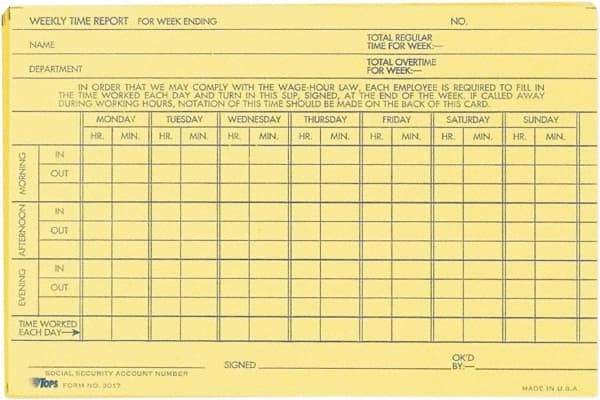 TOPS - 29/32" High x 6-51/64" Wide Weekly Time Cards - Use with Manual Time Record - Eagle Tool & Supply