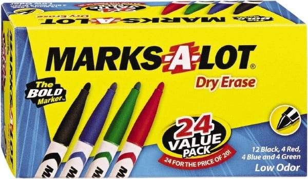 Marks-A-Lot - Assorted Colors, Pen Style, Bullet Tip, 24 Set Dry Erase Markers - For Use with Dry Erase Marker Boards - Eagle Tool & Supply