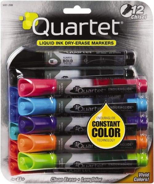 Quartet - Assorted Colors, Chisel Tip, 12 Set EnduraGlide Dry Erase Markers - For Use with Dry Erase Marker Boards - Eagle Tool & Supply