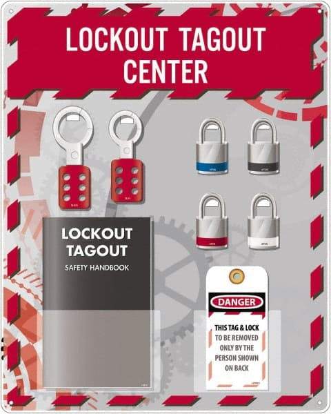 NMC - Equipped Acrylic Tag & Padlock/Hasp Station - 16" Wide x 20" High x 4" Deep, Red, White, Blue, Black - Eagle Tool & Supply