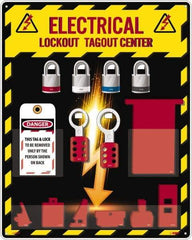 NMC - Equipped Acrylic Electrical Lockout Station - 16" Wide x 20" High x 4" Deep, Red, White, Blue, Black - Eagle Tool & Supply