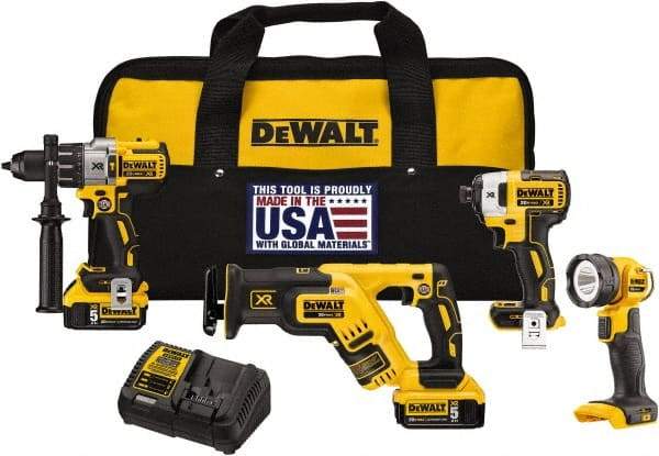 DeWALT - 20 Volt Cordless Tool Combination Kit - Includes 1/2" Brushless Hammerdrill, Brushless 1/4" Impact Driver, Brushless Reciprocating Saw & LED Worklight, Lithium-Ion Battery Included - Eagle Tool & Supply