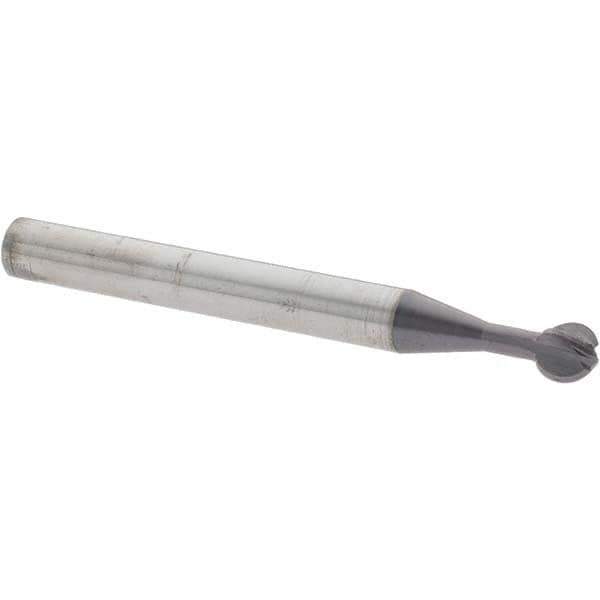 Accupro - 1/4" Diam, 0.233" LOC, 4 Flute Solid Carbide Ball End Mill - nACo Finish, Single End, 2-1/2" OAL, 1/4" Shank Diam, Undercutting - Eagle Tool & Supply
