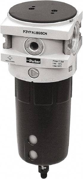 Parker - 3/4" Port, 9.6" High x 3-1/2" Wide Filter with Polypropylene Bowl, Manual Drain - 170 SCFM, 254 Max psi, 140°F Max Temp, Sight Glass Included, Modular Connection, Bowl Guard, 4.4 oz Bowl Capacity - Eagle Tool & Supply