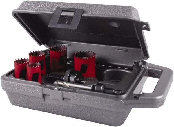 M.K. MORSE - 7 Piece, 7/8" to 1-1/2" Saw Diam, Mechanic's Hole Saw Kit - Bi-Metal, Toothed Edge, Pilot Drill Model No. MAPD301, Includes 2 Hole Saws - Eagle Tool & Supply