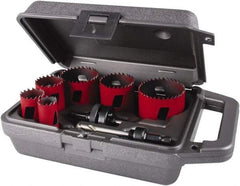 M.K. MORSE - 8 Piece, 7/8" to 2-1/2" Saw Diam, Electrician's Hole Saw Kit - Bi-Metal, Toothed Edge, Pilot Drill Model No. MAPD301, Includes 3 Hole Saws - Eagle Tool & Supply