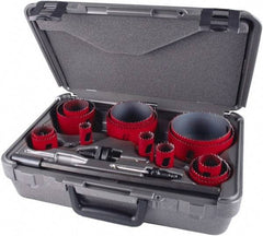 M.K. MORSE - 19 Piece, 3/4" to 4-1/2" Saw Diam, Industrial Hole Saw Kit - Bi-Metal, Toothed Edge, Pilot Drill Model No. MAPD301, Includes 5 Hole Saws - Eagle Tool & Supply