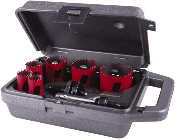 M.K. MORSE - 8 Piece, 3/4" to 2-1/4" Saw Diam, Plumber's Hole Saw Kit - Bi-Metal, Toothed Edge, Pilot Drill Model No. MAPD301, Includes 2 Hole Saws - Eagle Tool & Supply