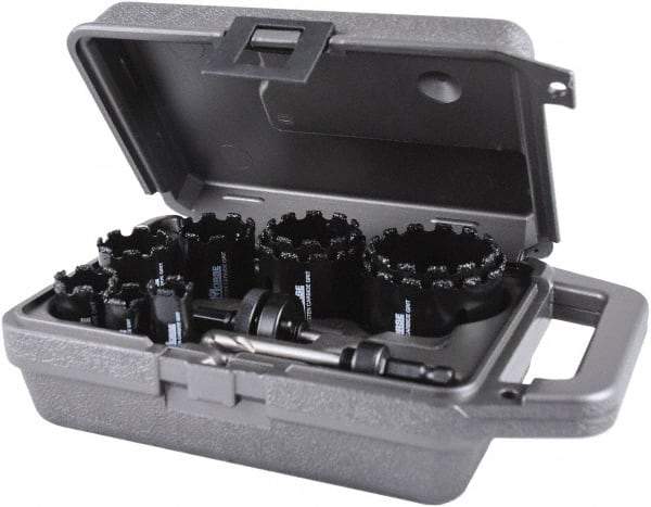 M.K. MORSE - 11 Piece, 3/4" to 2-1/2" Saw Diam, Hole Saw Kit - Carbide Grit, Gulleted Edge, Pilot Drill Model No. MAPD301, Includes 3 Hole Saws - Eagle Tool & Supply