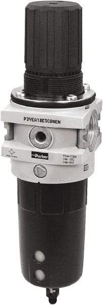 Parker - 3/4" NPT Port Heavy-Duty 1 Piece Filter/Regulator FRL Unit - Polypropylene Bowl, 335 SCFM, 254 Max psi, 13-1/2" High, Manual Drain - Eagle Tool & Supply