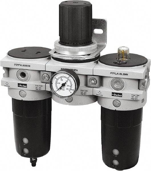 Parker - 1" NPT Port Heavy-Duty 3 Piece Filter-Regulator-Lubricator FRL Unit - Polypropylene Bowl, 170 SCFM, 254 Max psi, 13-1/2" High, Manual Drain - Eagle Tool & Supply