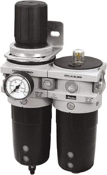 Parker - 3/4" NPT Port Heavy-Duty 2 Piece Filter/Regulator-Lubricator FRL Unit - Polypropylene Bowl, 315 SCFM, 254 Max psi, 13-1/2" High, Manual Drain - Eagle Tool & Supply