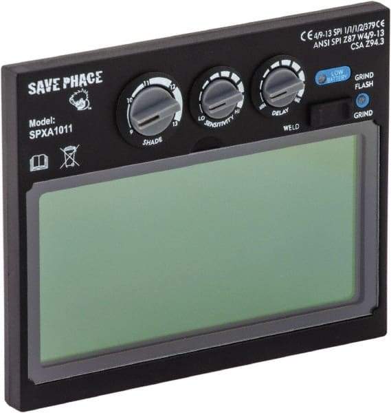 Save Phace - 3.82" Wide x 1.85" High, Lens Shade 4/9 to 13, Polycarbonate Auto-Darkening Filter - 1/4" Thick, Green, Inside Mount - Eagle Tool & Supply
