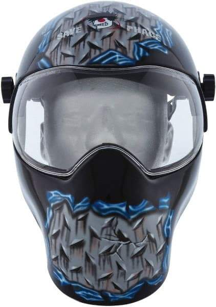 Save Phace - 11" Window Width x 3-3/4" Window Height, Fixed Shade Lens, Fixed Front Welding Helmet - Grey/Black/Blue, Nylon Clear Lens - Eagle Tool & Supply