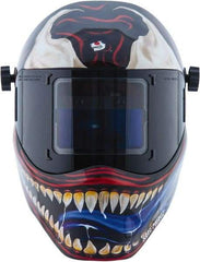 Save Phace - 3.82" Window Width x 1.85" Window Height, 4, 9 to 13 Shade Auto-Darkening Lens, Fixed Front Welding Helmet - Red/White/Blue/Silver, Nylon Green Lens - Eagle Tool & Supply