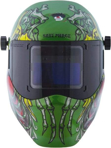 Save Phace - 3.82" Window Width x 1.85" Window Height, 4, 9 to 13 Shade Auto-Darkening Lens, Fixed Front Welding Helmet - Green/Blue/Yellow/Red, Nylon Green Lens - Eagle Tool & Supply