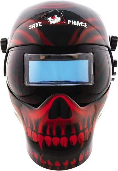 Save Phace - 3.74" Window Width x 1.38" Window Height, 4, 9 to 13 Shade Auto-Darkening Lens, Fixed Front Welding Helmet - Black/Red, Nylon Green Lens - Eagle Tool & Supply