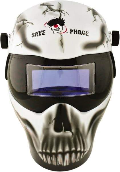 Save Phace - 3.62" Window Width x 1.42" Window Height, 3 to 10 Shade Auto-Darkening Lens, Fixed Front Welding Helmet - Black/White/Gray, Nylon Green Lens - Eagle Tool & Supply