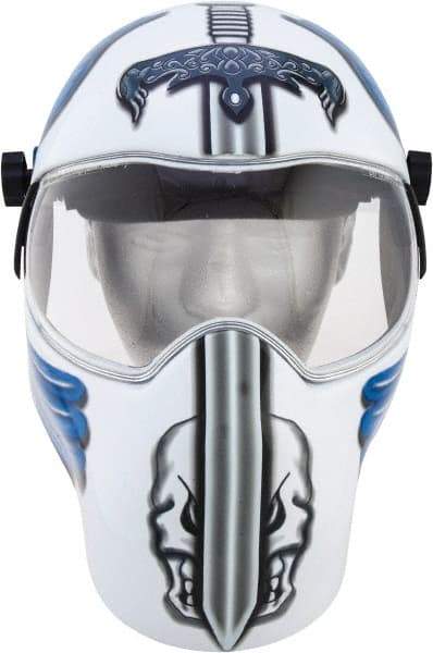 Save Phace - 11" Window Width x 3-3/4" Window Height, 10 Shade Fixed Shade Lens, Fixed Front Welding Helmet - White/Blue/Grey, Nylon Green Lens - Eagle Tool & Supply